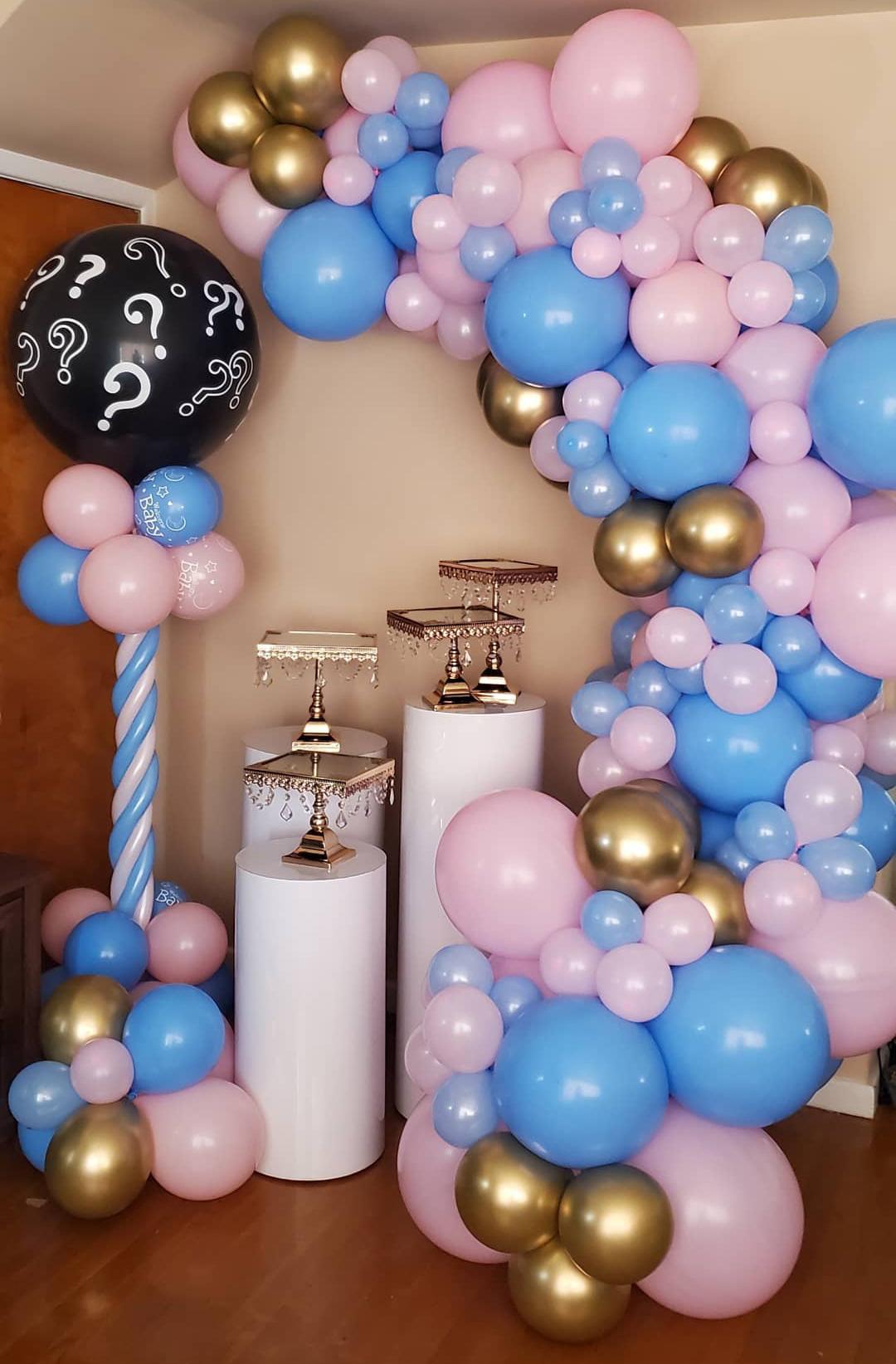blue white and gold balloon garland